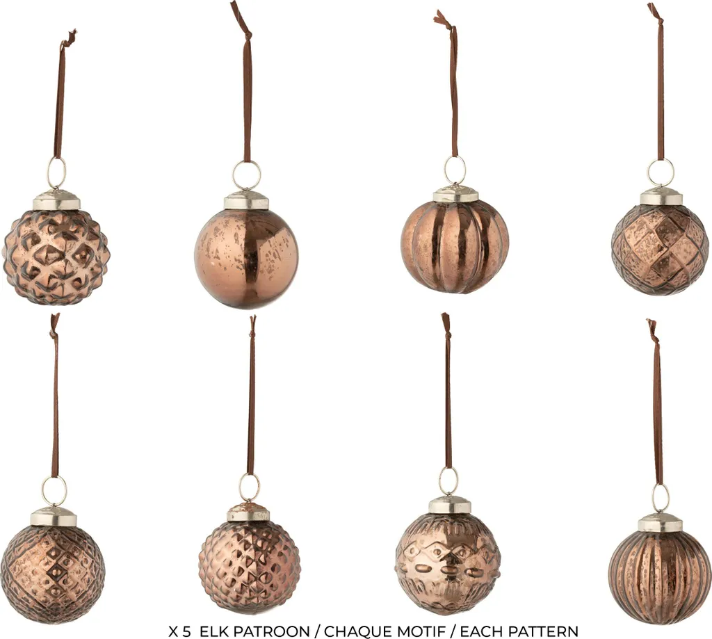 J-Line Boîte de 40 Boules de Noël en Verre Marron 8 Motifs Variés
