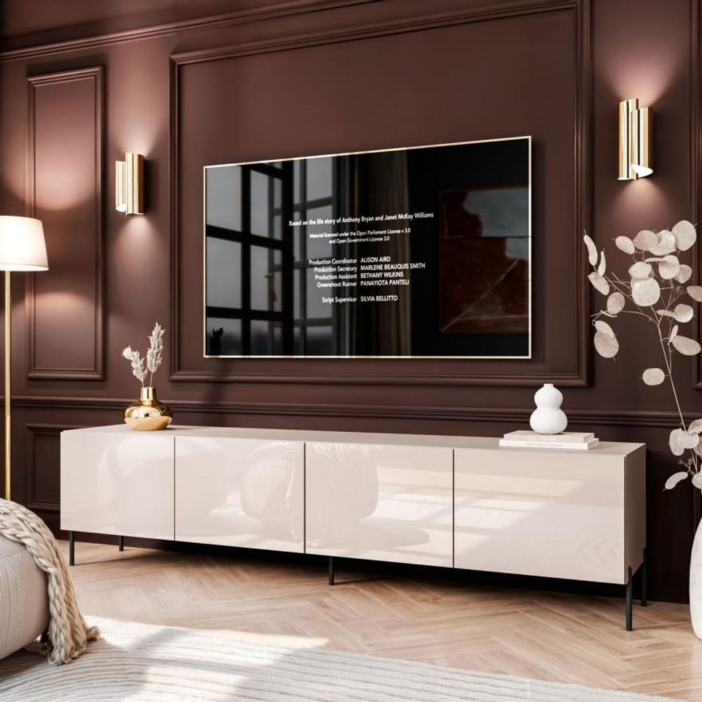 TV-Schrank COLGANTE 200 Kaschmir Hochglanz auf geraden schwarzen Beinen mit LED-Beleuchtung