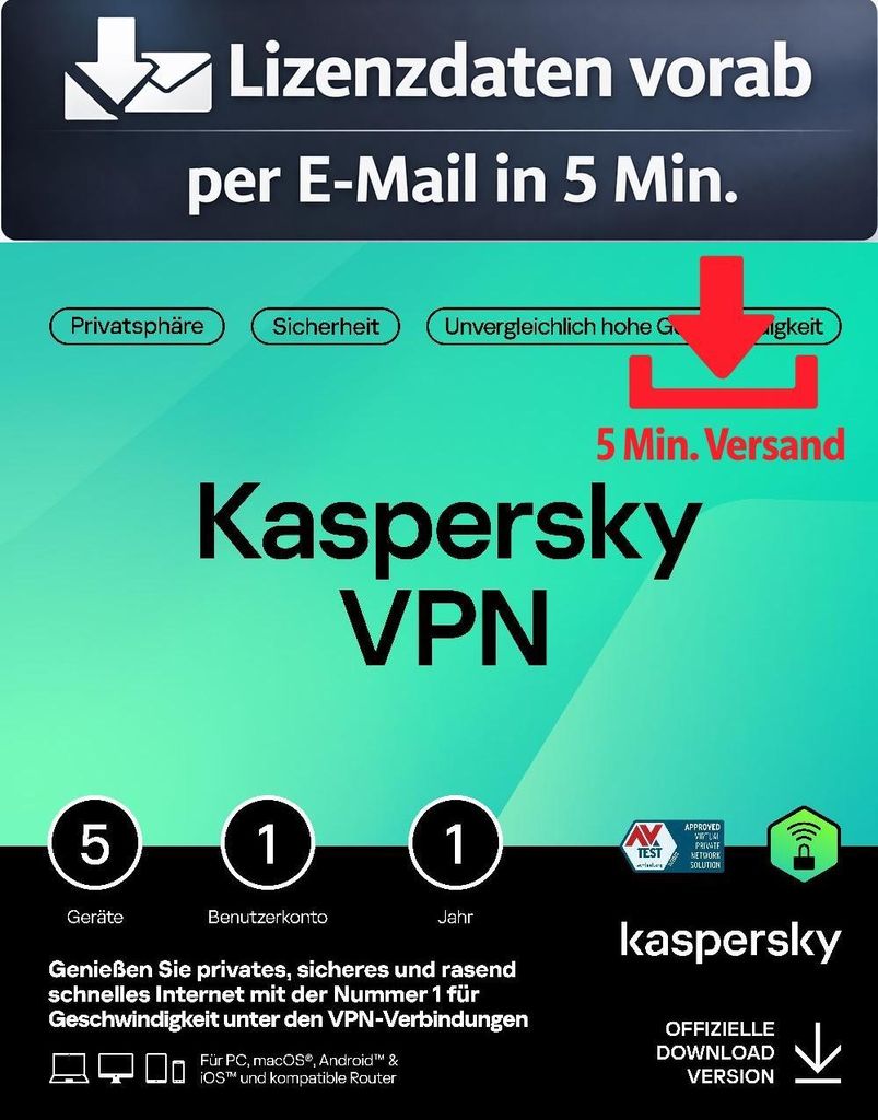 Kaspersky Secure Connection VPN (1 User+ 5 Device - 1 Jahr) DACH ESD Hilfsprogramme Tools Treiber 5 Min. Versand als Download per Mail