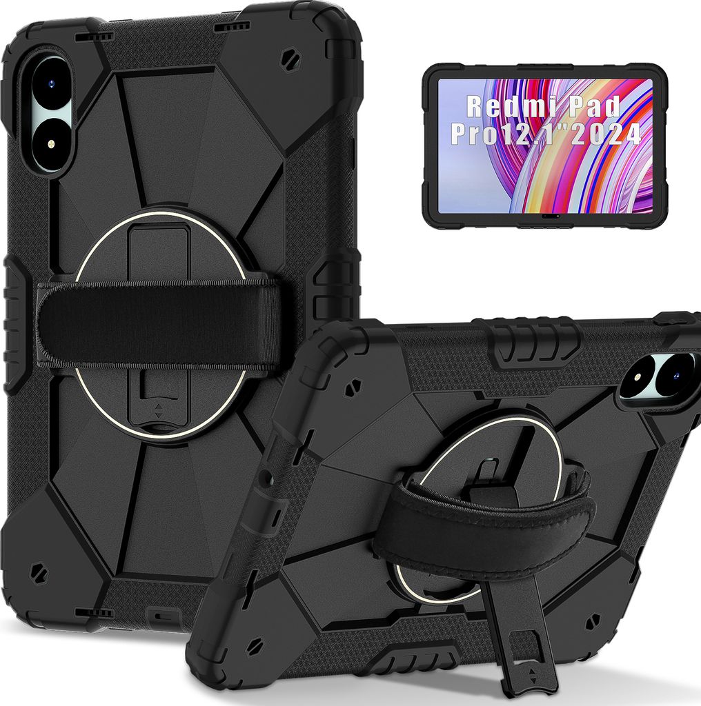 Hülle für Xiaomi Poco Pad / Redmi Pad Pro 5G Tablette Schutzhülle Stoßfeste mit 360 Drehbarer Handschlaufe/Ständer Schwarz