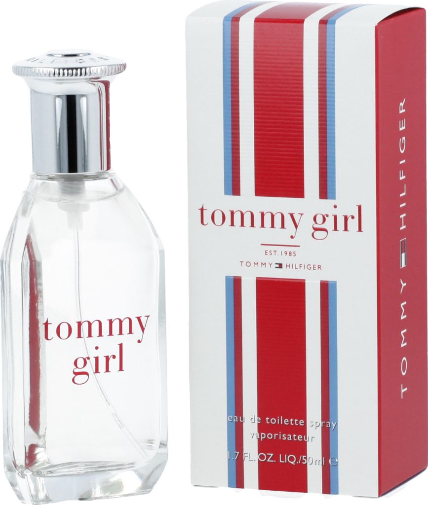 A bottle of Tommy Girl perfume and its packaging are displayed side-by-side against a white background.