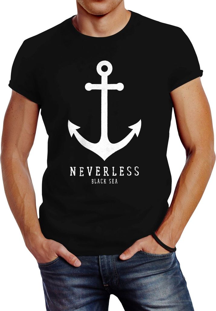 Herren T-Shirt Anker Nautical Sailor Segeln Slim Fit Neverless schwarz S