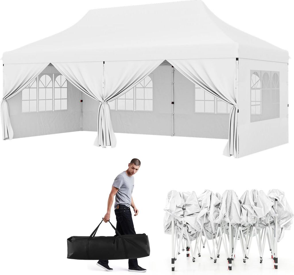 GOPLUS 3x6m faltbarer Pavillon, Partyzelt mit 6 Seitenwänden und 6 Sandsäcken, höhenverstellbarer, wasserdichter & stabiler Gartenpavillon für ...