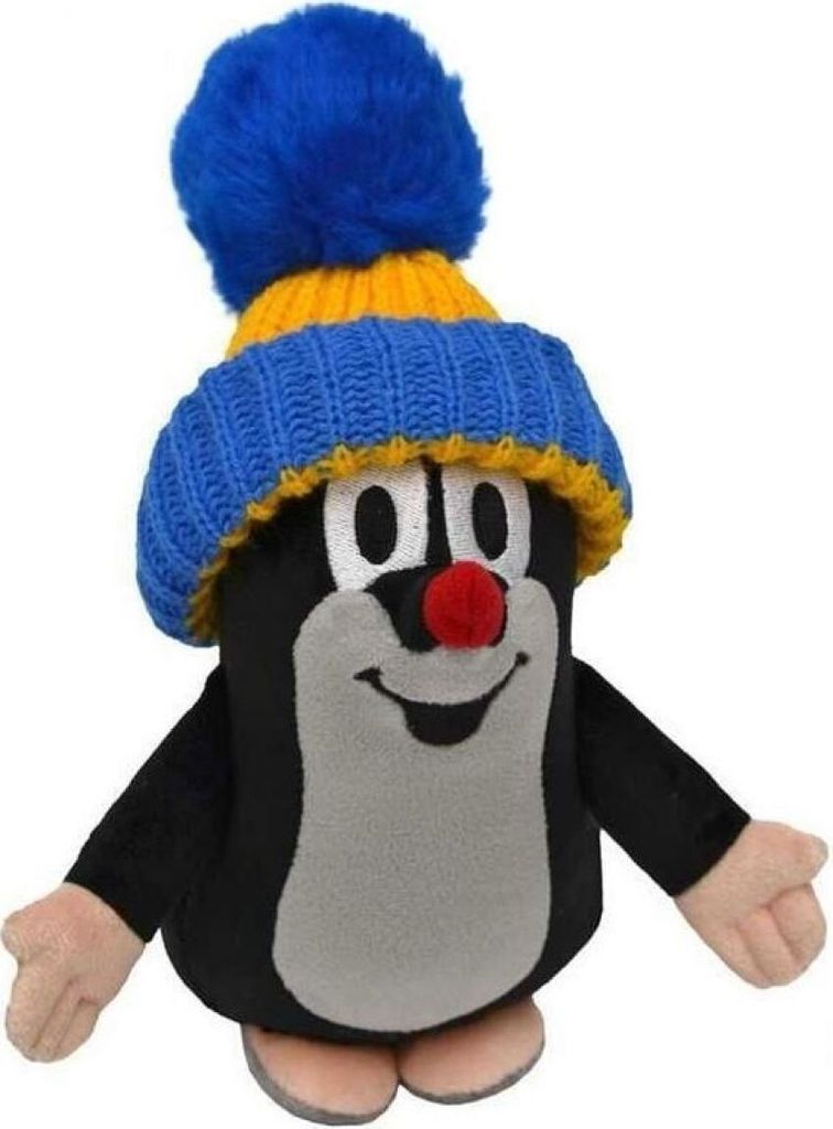 A plush toy mole wearing a blue and yellow knitted hat with a pom-pom.