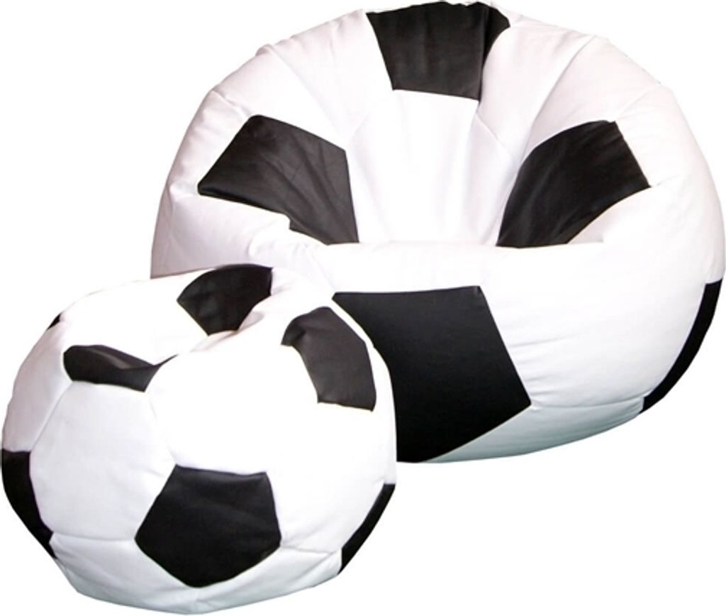 Two beanbag chairs shaped like soccer balls, one larger and one smaller.
