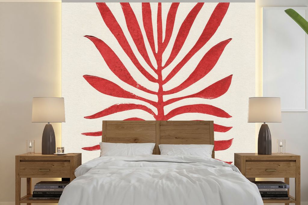 MuchoWow Fototapete für Wohnzimmer oder Schlafzimmer Wandtapete Vinyl Motivtapete Pflanze - Rot - Blätter - Abstrakt - 280x280 cm - Hintergrund...