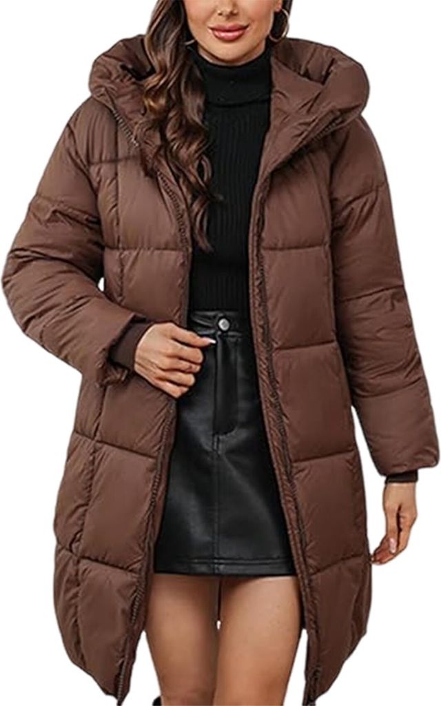 ASKSA Damen Wintermantel mit Kapuze Dick Warmer Steppmantel Lang Daunenjacke Outdoorjacke Winddicht Daunenmantel Steppjacke Outwear (Kaffee,M)