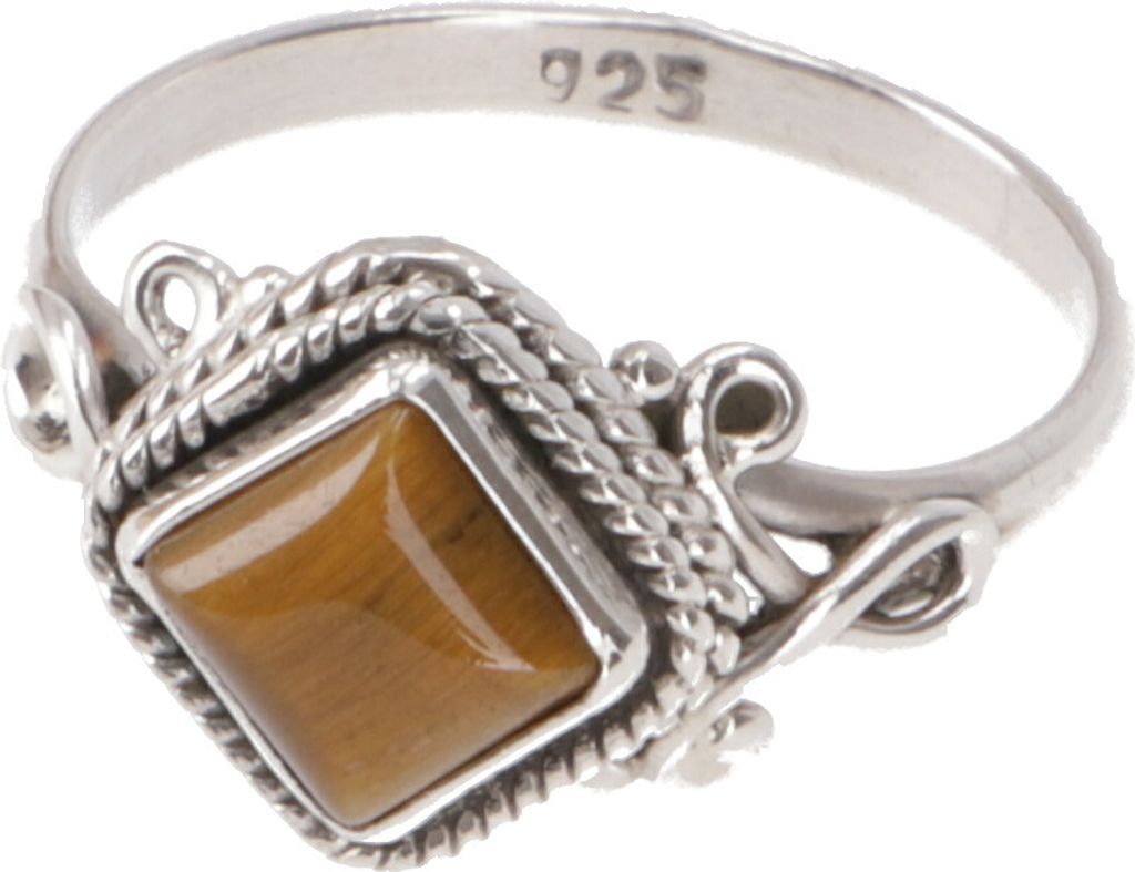 Boho Silberring, Filigraner Edelsteinring mit Rechteckigem Stein - Tigerauge, Braun, SterlingSilber, Ringgröße: 52 (16,6 Mm), 1*1 cm