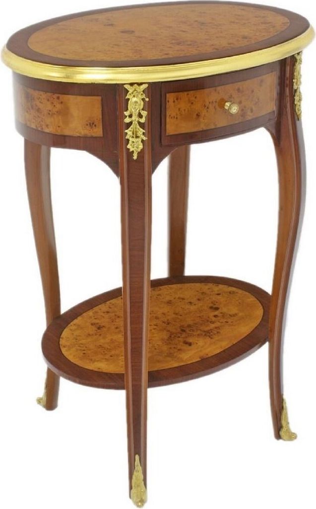 Casa Padrino Barock Beistelltisch Dunkelbraun / Hellbraun / Gold 50 x 35 x H. 75 cm - Ovaler Massivholz Tisch mit Schublade - Barock Wohnzimmer Möbel