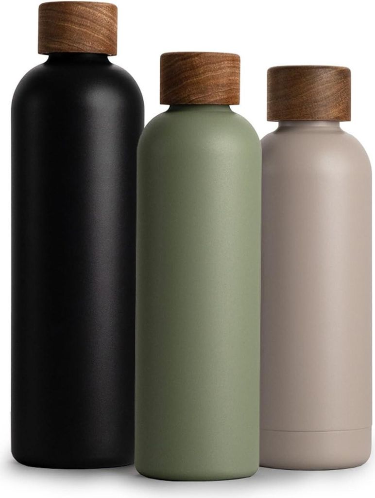 Edelstahl-Thermosflasche 750 ml - isolierte Wasserflasche mit Akazienholzdeckel - auslaufsicher bei kohlensäurehaltigen Getränken, olivgrün