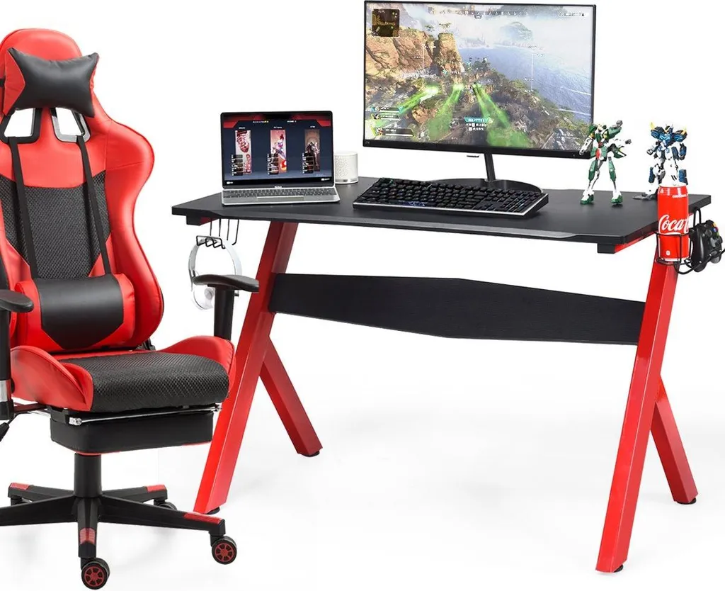 Table de Jeu Ergonomique 120cm avec Porte-Gobelet et Support Casque