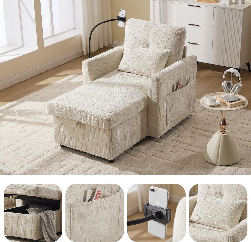 Multifunktionales Liegesofa, Loungesessel mit Handyhalterung, Chenille-Einzelsessel, geeignet für Wohnzimmer, Schlafzimmer und kompakte Wohnungen