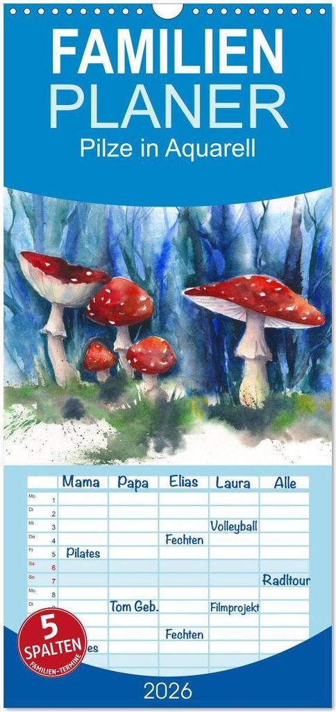 Familienplaner 2026 - Pilze in Aquarell mit 5 Spalten (Wandkalender, 21 x 45 cm) CALVENDO
