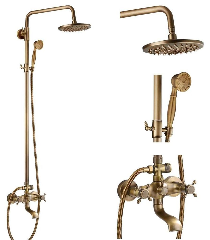 Duschsystem Antik-Messing - Wandmontage Regendusche mit Handbrause - 20 cm Duschkopf - Zweigriffmischer - Mit Gleitschiene - Ohne Ablage - Blau
