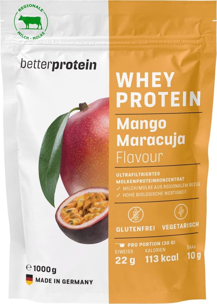 Whey Protein - Mango Maracuja 1 kg - Produziert in Deutschland aus regionaler Milch - Eiweißpulver zum Muskelaufbau und Abnehmen