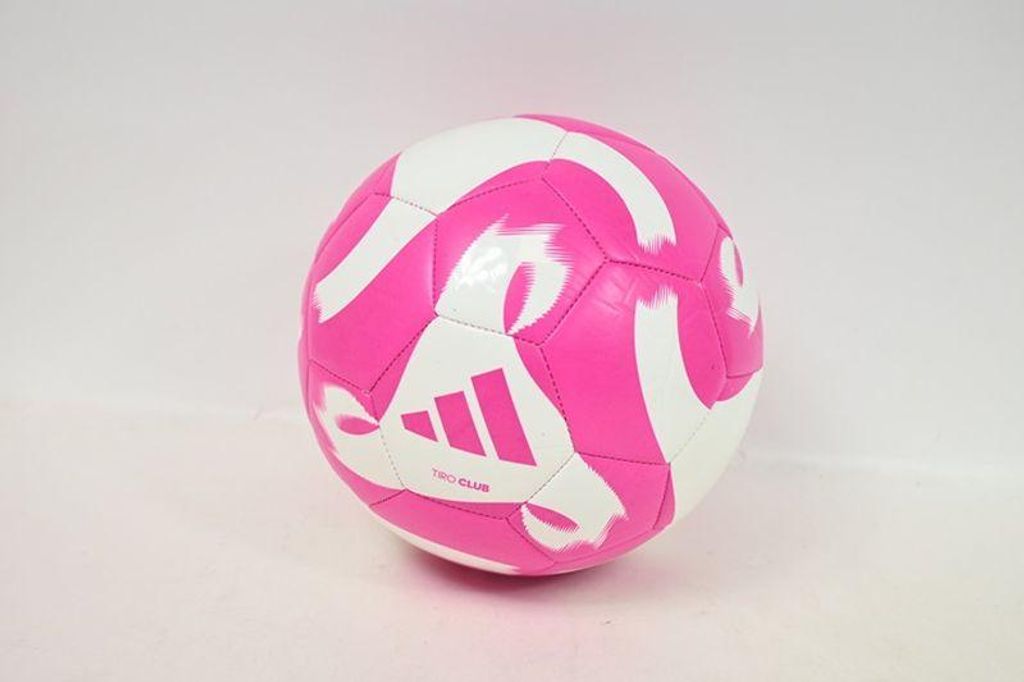 A pink and white soccer ball is shown against a white background.