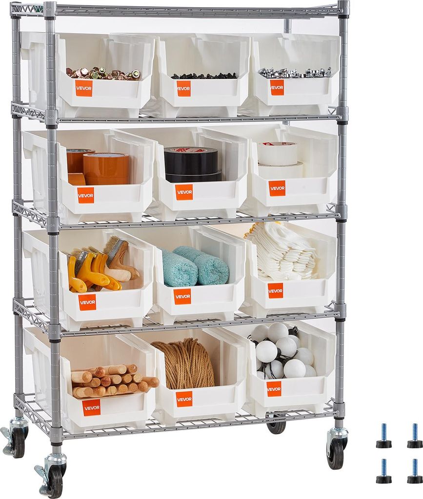 VEVOR Standregal, Lagerregal mit 5 Ebenen & 12 Stapelboxen, Regalsystem mit Rollen, mobile Werkzeugaufbewahrung für Garage, Lager, Büro, Restaura...