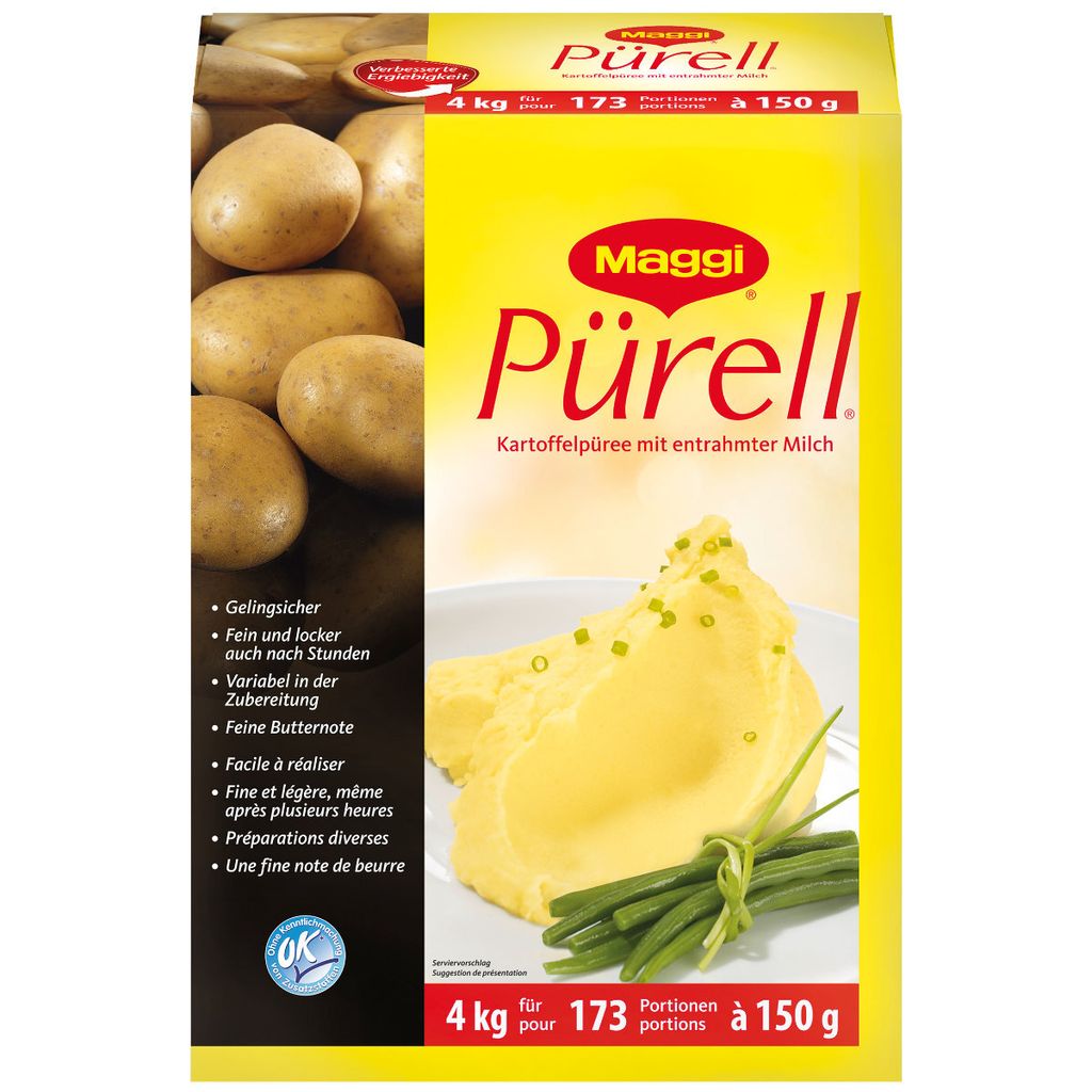 Maggi Pürell Kartoffelpüree mit entrahmter Milch und Produktbild 