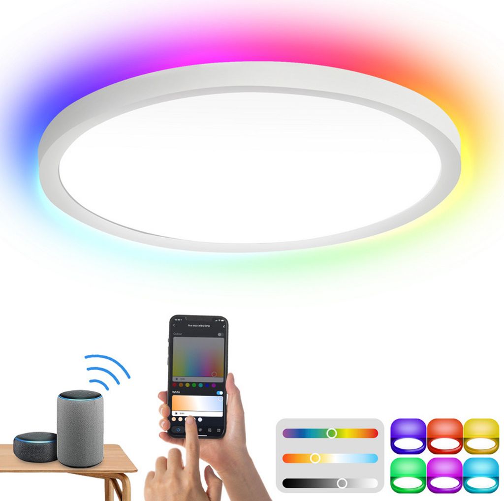TolleTour Smart LED Deckenleuchte 24W mit RGB-dimmbar - Flach, Wohnzimmer Lampen, Modern - 2040LM