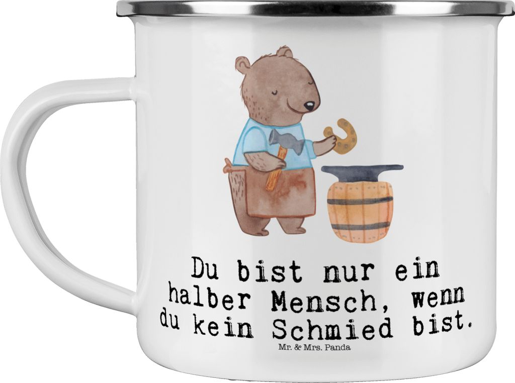 Mr. & Mrs. Panda Teetasse Schmied Herz - Weiß - Geschenk, becher emaille, Teebecher, Kaffeepott, blechbecher, Tasse