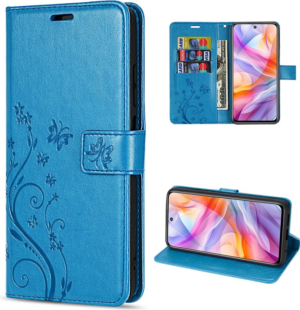 Collage of a blue flip phone case with floral and butterfly embossing, showing the case open with cards and cash, and the case in a stand position.