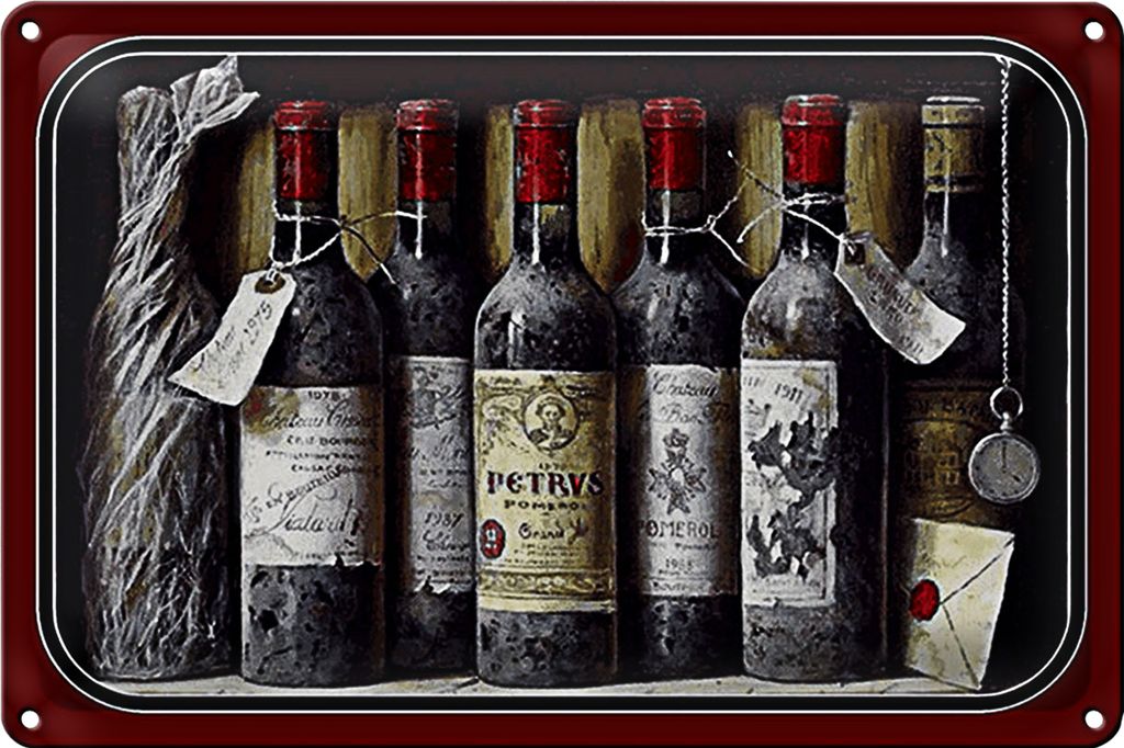 Blechschild Kunst 18x12cm Stillleben alte Rotweinflaschen