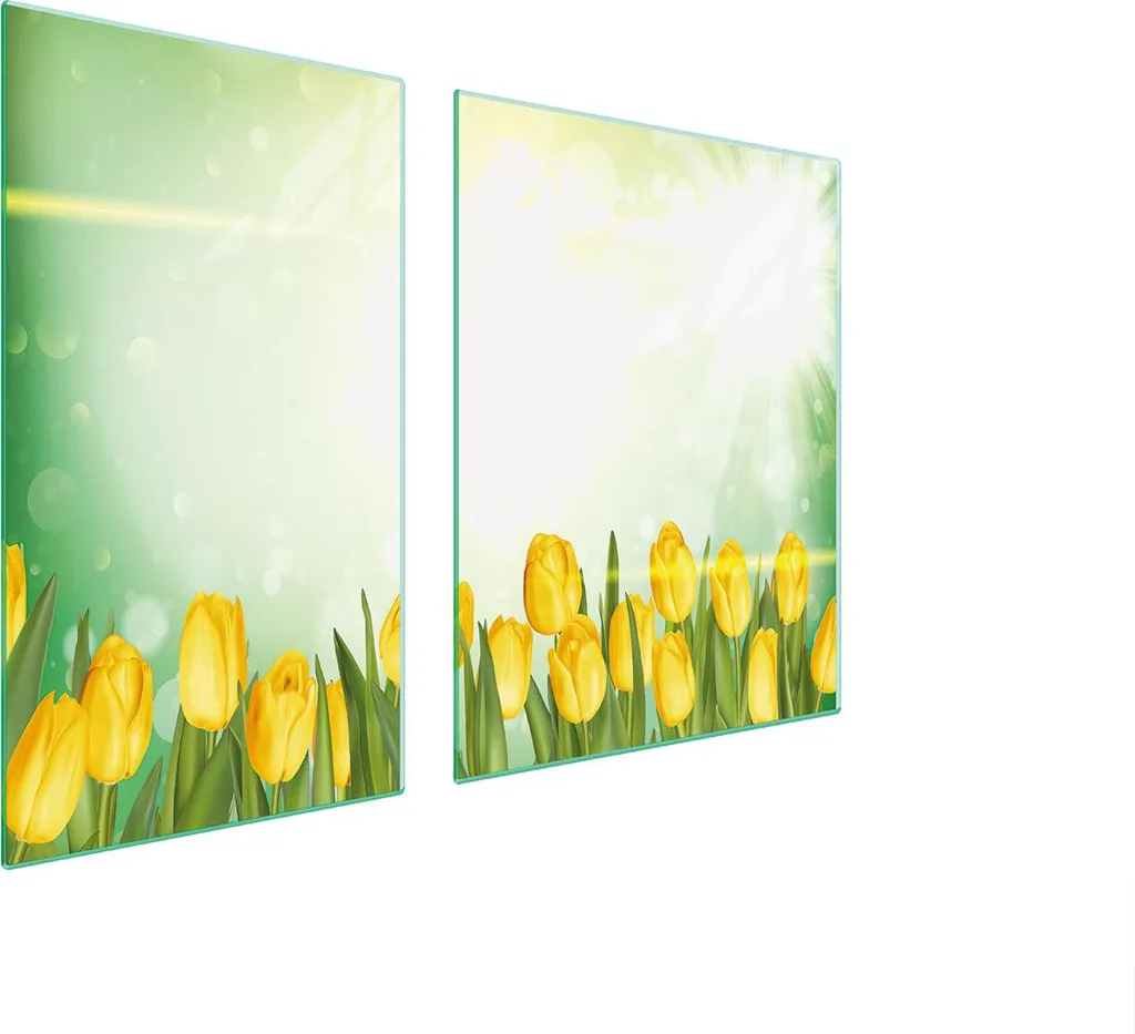 Copri Piano Cottura 100x52 Vetro Temperato Tulipani Gialli 2 Pezzi