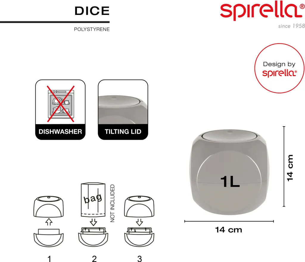 Spirella Dice Poubelle de Table 1L Noire avec Couvercle Basculant Chic