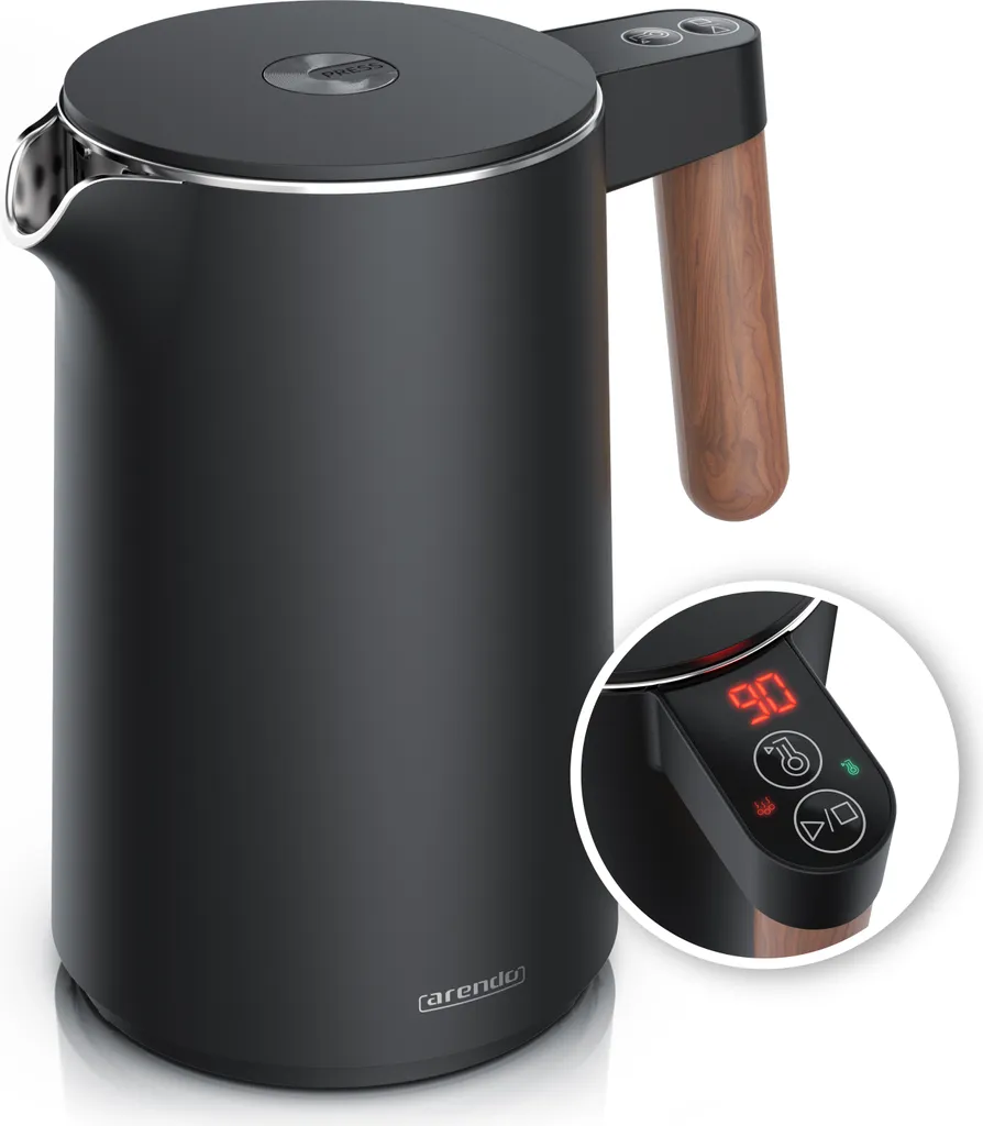 Bollitore elettrico Arendo in acciaio inox da 1,5L, a doppia parete, impostazione della temperatura 40° - 100°C con display, 2200W, funzione keep warm, manico in look legno, senza BPA