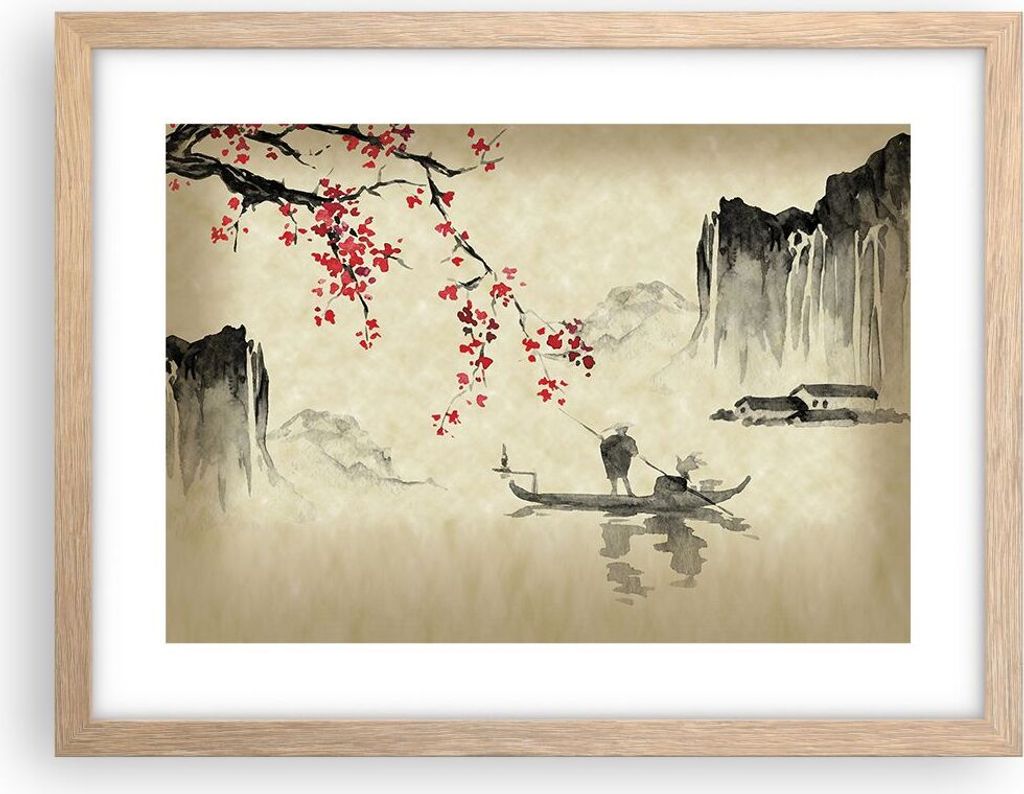 Gerahmtes Poster - Rahmen in heller Eiche - Blume Kirschen Japan - 40x30 cm - Wand Bild - Wanddeko - Wandbilder - Kunstposter - Wandposter - Bilder...