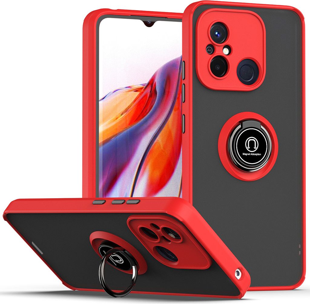 Redmi 12C Hülle, Ring Halter Ständer Matte Transluzent TPU Rahmen Stoßfest Schutzhülle für Xiaomi Redmi 12C Rot