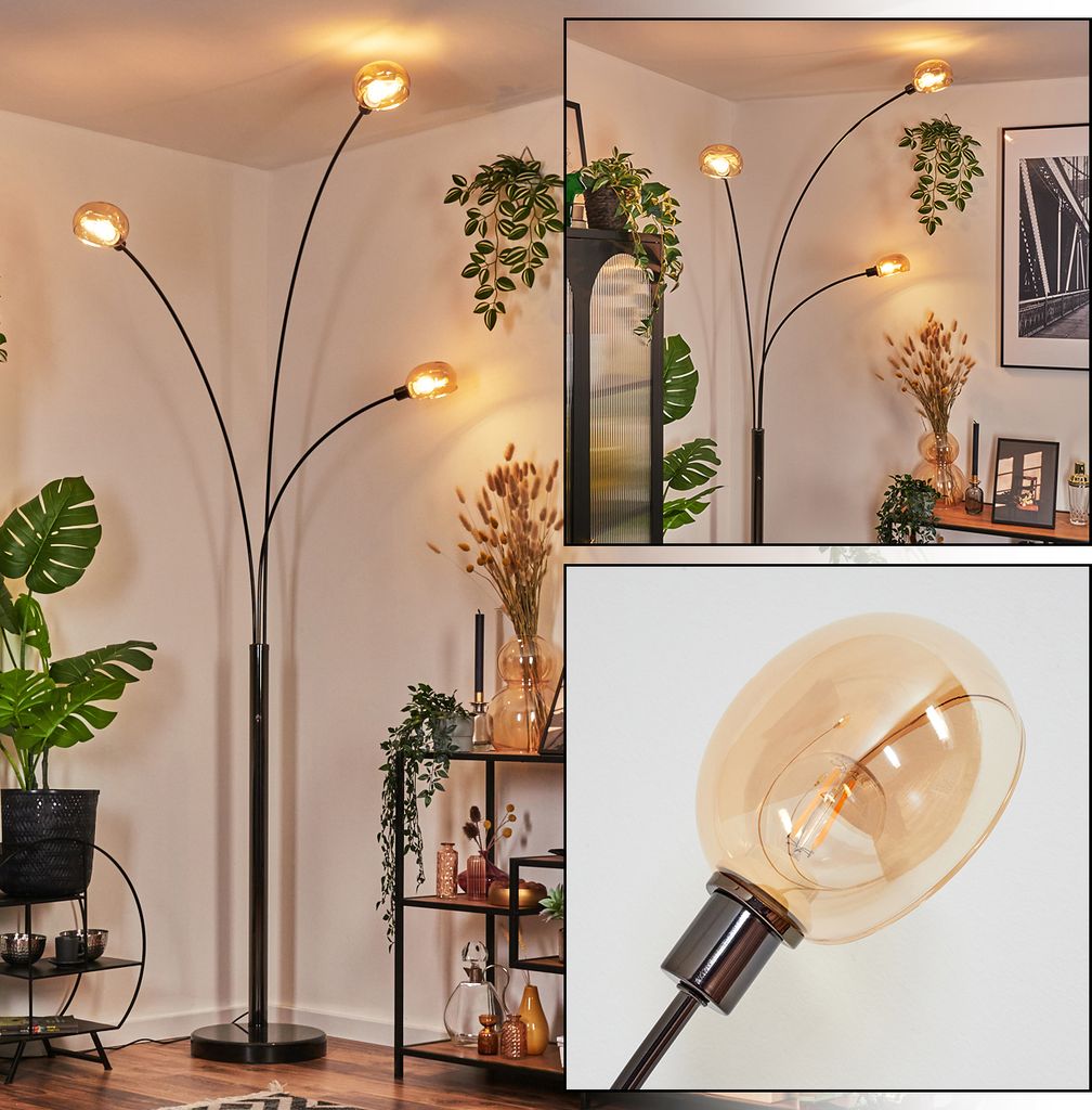 Suio Stehlampe aus Metall in Schwarz/Chrom/Bernstein im Retro-Design