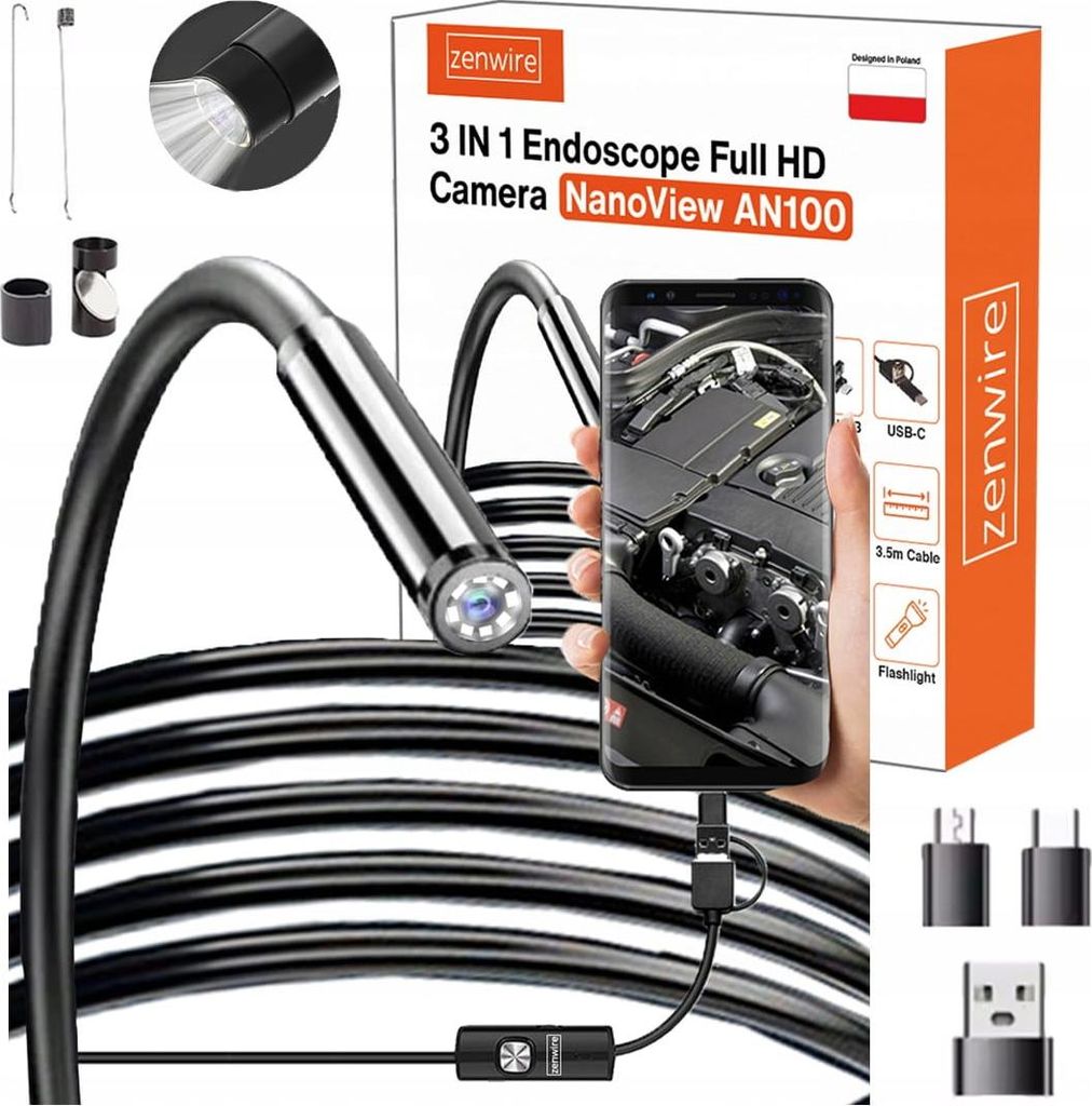 A product shot of a 3-in-1 endoscope camera with its packaging and accessories, displayed on a white background.