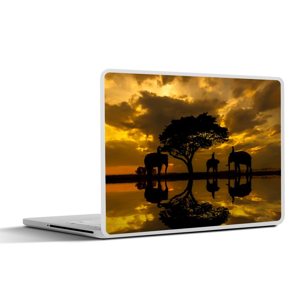 MuchoWow Laptop Aufkleber Sticker Cover Silhouette der thailändischen Elefanten bei Sonnenaufgang 40x30 cm - Laptop Dekoration - Selbstklebend