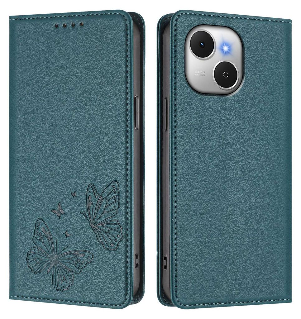 Lederhülle für Tecno Spark 40C, Schmetterling Prägung Leder Brieftasche Schutzhülle mit Ständer Grün