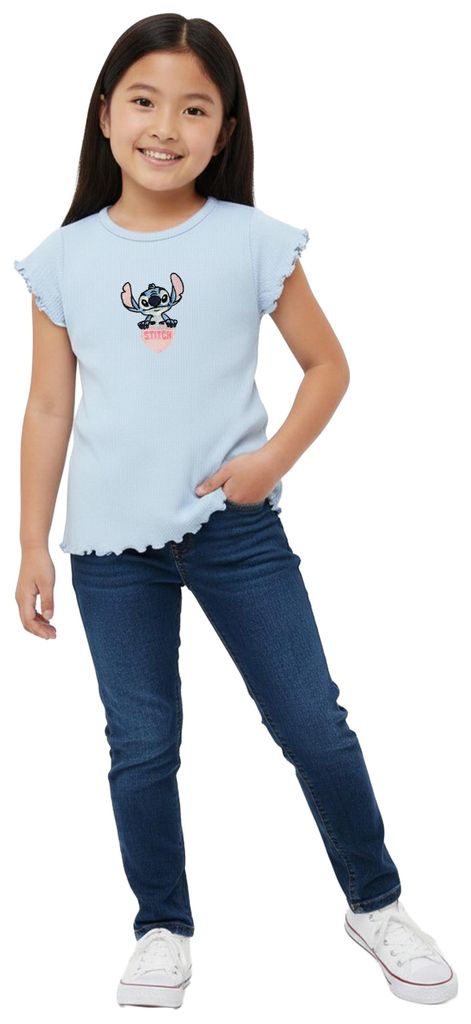 Disney Lilo & Stitch Ripp T-Shirt für Mädchen - Heart Kinder Shirt Oberteil kurzärmlig Blau 98-104