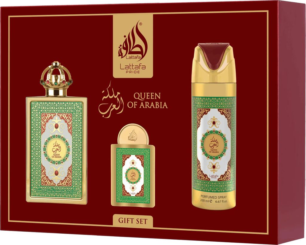 A gift set of Lattafa Queen of Arabia perfume and deodorant.