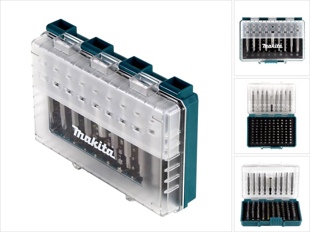 A set of drill bits in a clear plastic case with teal accents.