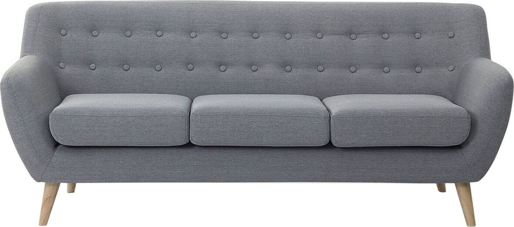 BELIANI 3-Sitzer Sofa Grau Stoffbezug mit Hellen Holzbeinen Armlehnen Knopfheftung Lose Sitzkissen Retro Design Wohnzimmer Polstersofa