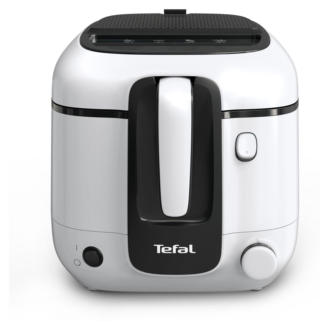 A white and black Tefal deep fryer is shown from the front against a white background.