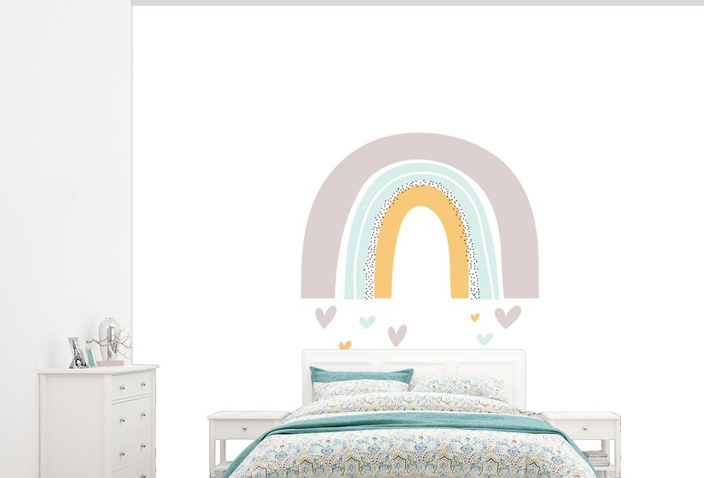 MuchoWow Fototapete für Wohnzimmer oder Schlafzimmer Wandtapete Vinyl Motivtapete Regenbogen - Herzen - Mädchen - Jungen - Pastellfarben - 325x...