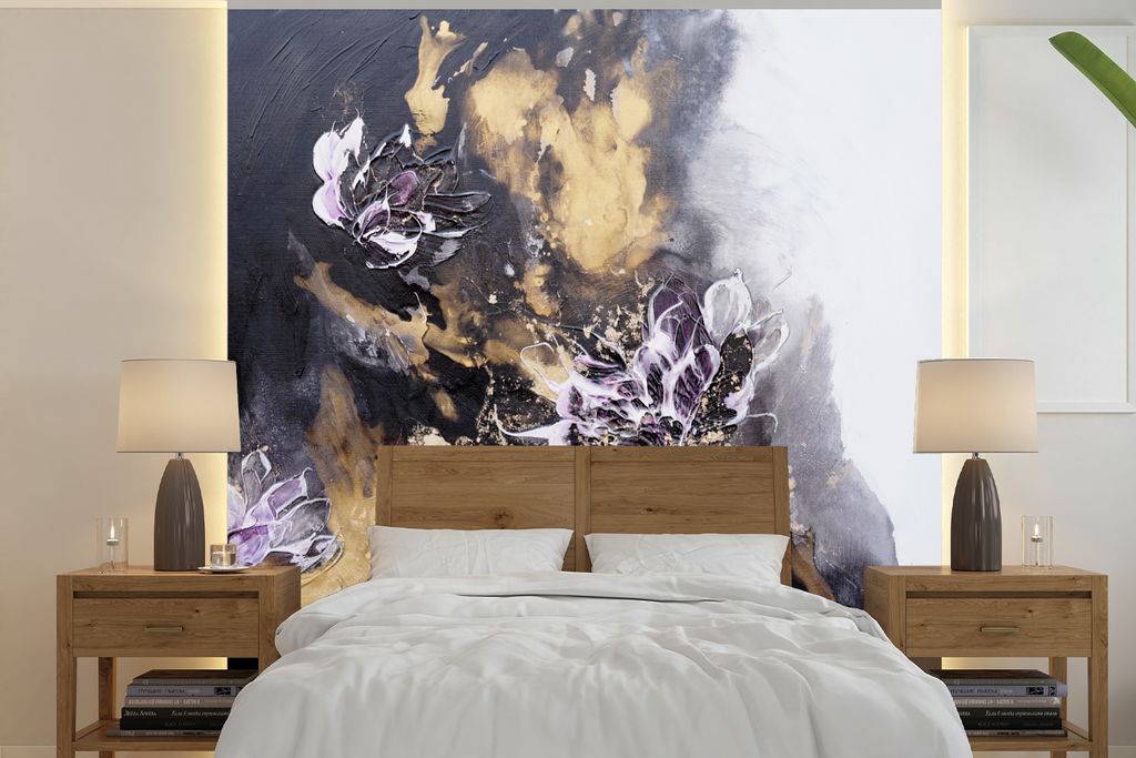 MuchoWow Fototapete für Wohnzimmer oder Schlafzimmer Wandtapete Vinyl Motivtapete Abstrakt - Schwarz - Grau - Farbe - 240x240 cm - Schlafzimmer-...