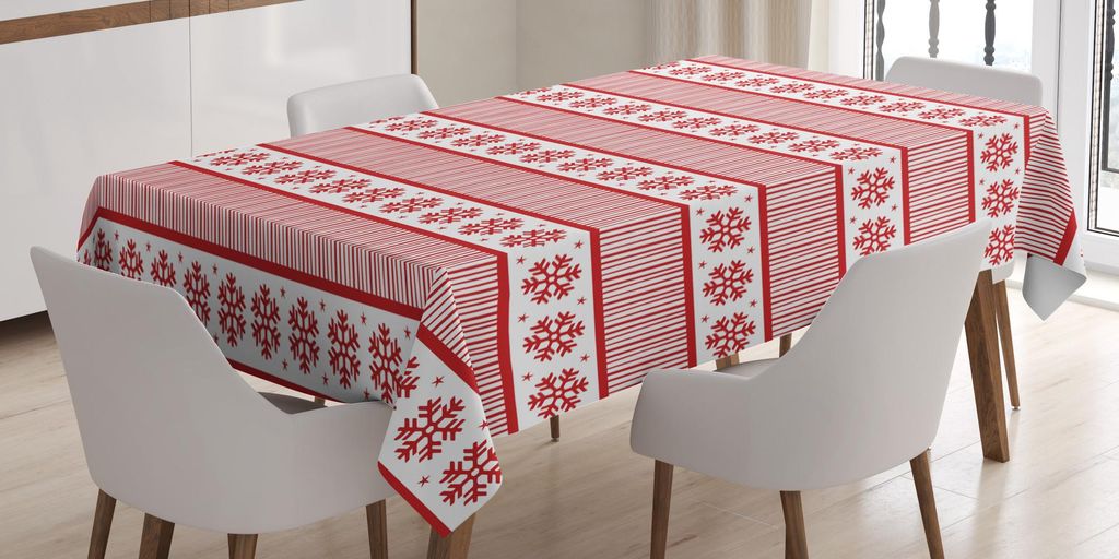 ABAKUHAUS Urlaub Tischdecke, Monochrome Design Schneeflocken und Streifen-Winter-Noel Art, 140 x 240 cm, Vermilion und Weiß