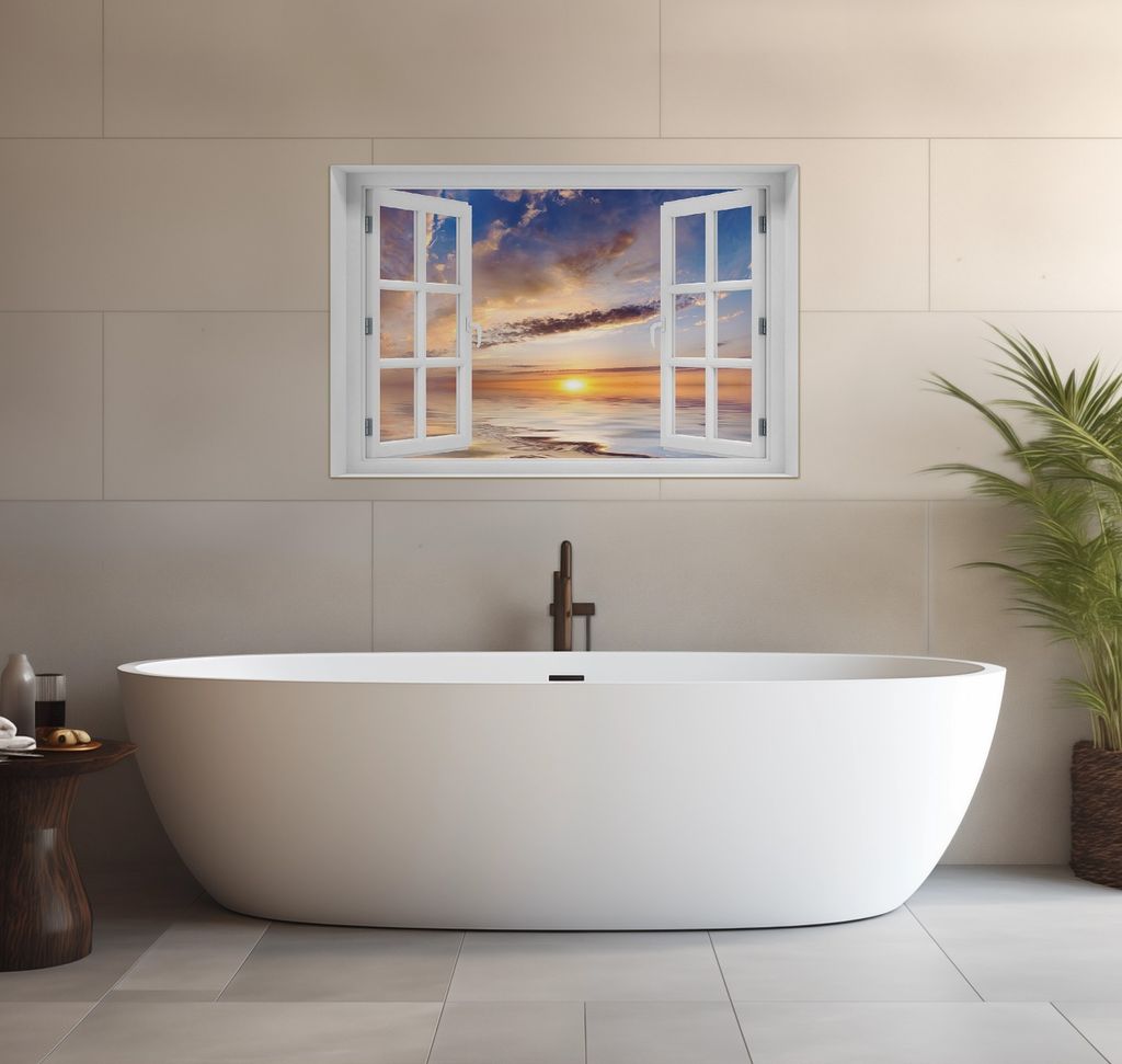 Wallario wasserfestes Poster selbstklebend 91,50 x 61 cm, Sonnenuntergang über dem Wasser, Badezimmerposter Spritzschutz mit Hochglanzoberfläche ...