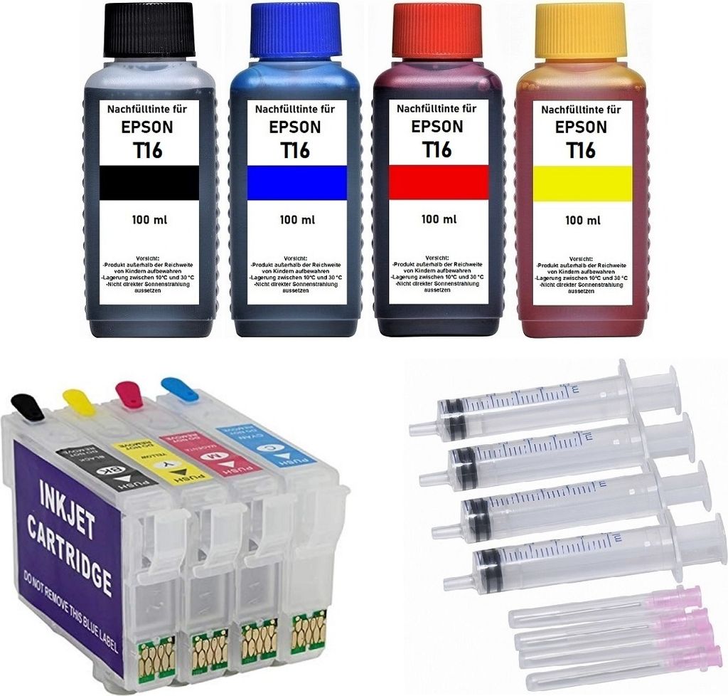 Nachfüllbare Patronen T1631, T1632, T1633, T1634, T16 XL + 400 ml Tinte für Epson WF-2010 2110 2500 2510 2520 2530 2540 2630 2650 2660 2700 2750 ...