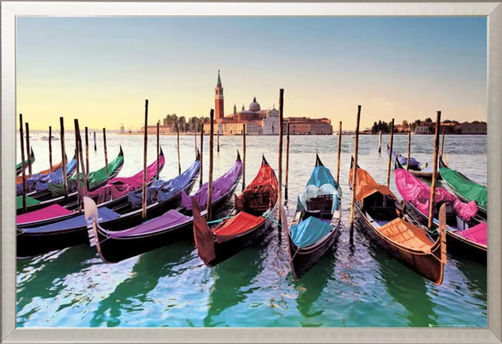Poster Venise Gondoles avec Cadre Aluminium Argenté Shinsuke Maxi 61x91