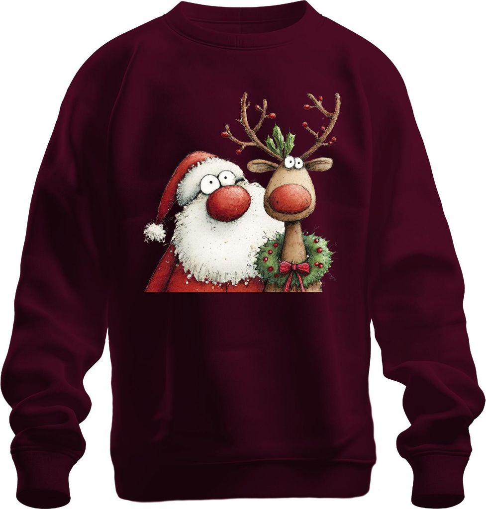 Weihnachtsmann Rentier rote Nase Kranz lustig Weihnachten Vintage Uni Sweatshirt Pullover, Burgundy, XL