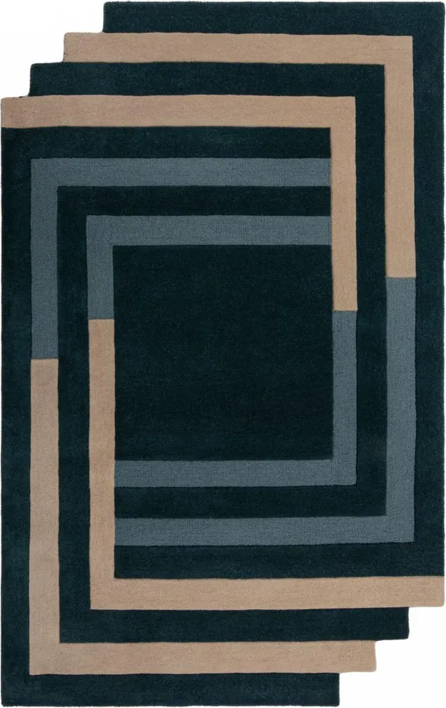 Tapis tissé à la main 120x180 motif Labyrinth géométrique vert bleu