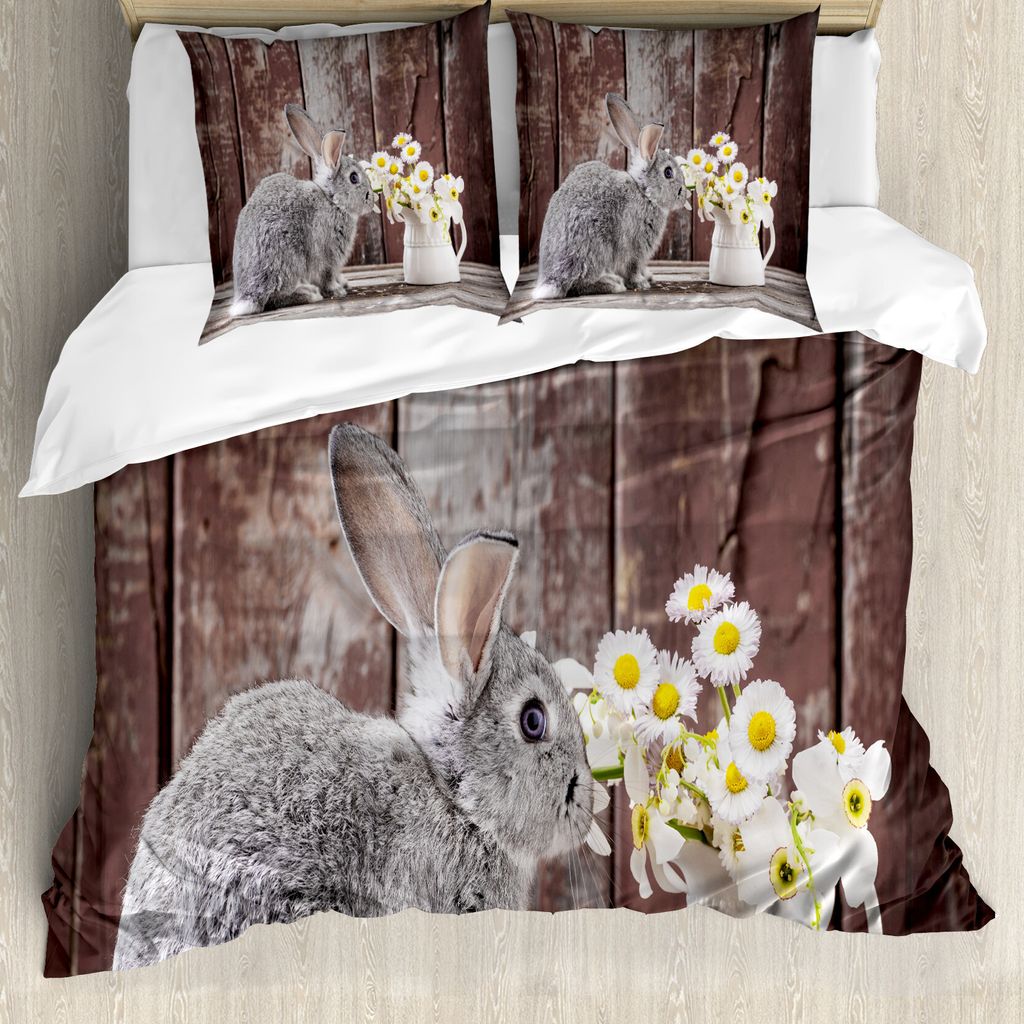 ABAKUHAUS Osterhase Bettbezug Set für Einzelbetten, Kaninchen Daisy Holz, Milbensicher Allergiker geeignet mit Kissenbezug, 200 cm x 200 cm - 80 x...