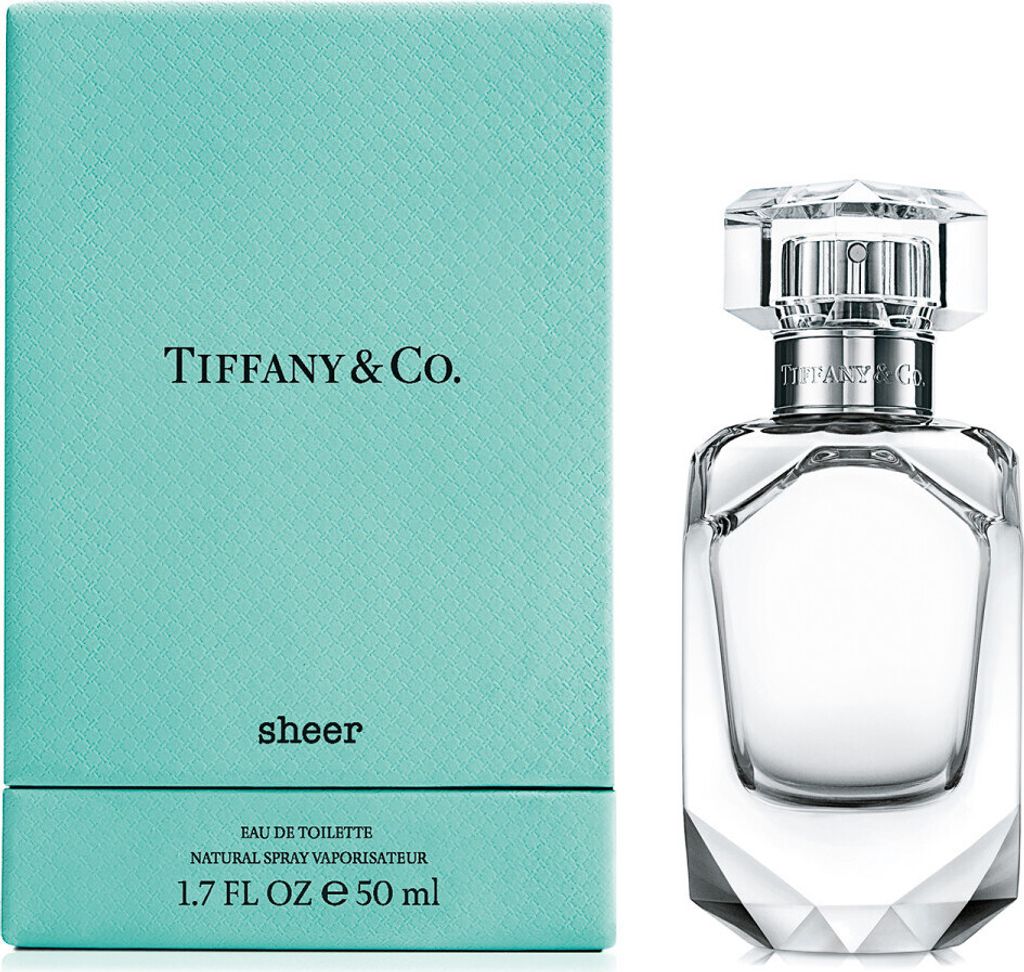 A Tiffany & Co. Sheer Eau de Toilette spray bottle and its packaging are displayed side-by-side against a white background.